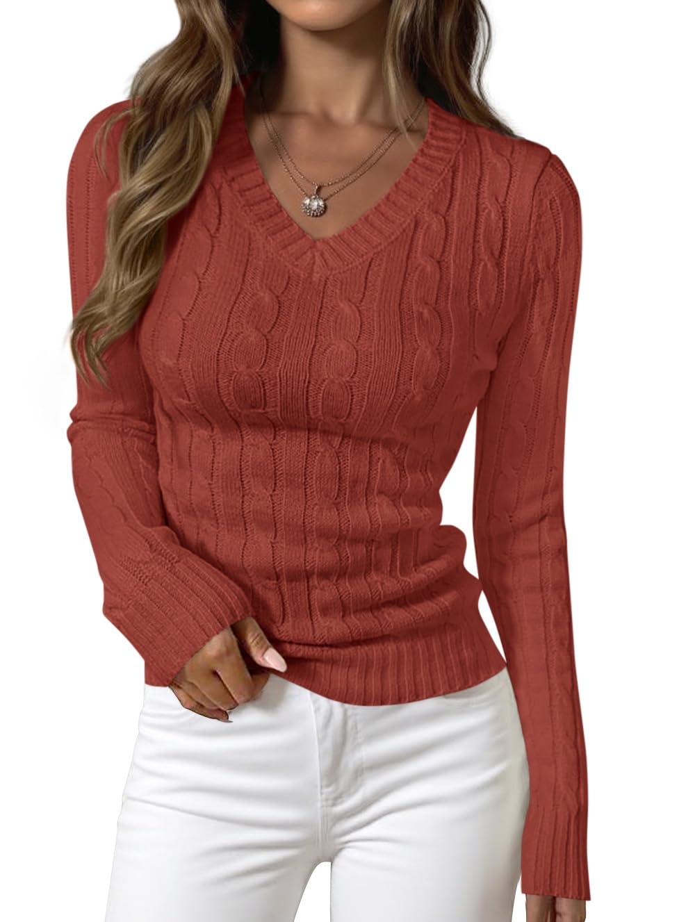 PRETTYGARDEN Womens Cable Knit Fitted V Neck Sweaters Tops