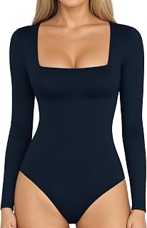 MANGOPOP Women's Square Neck Bodysuit Shirt Long Sleeve Short Sleeve Tops