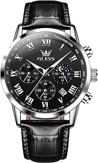 OLEVS Wrist Watches for Men Leather Strap Quartz Classic Casual Business Two Tone Dress Stainless Steel Big Face Waterproof Chronograph Moon Phase Date Analog Mens Watch Luminous Montre Homme