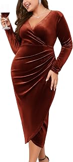 ZOMVA Plus Size Velvet Wrap Dress, Ruched Bodycon Dress, Long Sleeve, Ruffle, Long, Elegant, Party, Wedding, Guest, Cocktail, Vacation