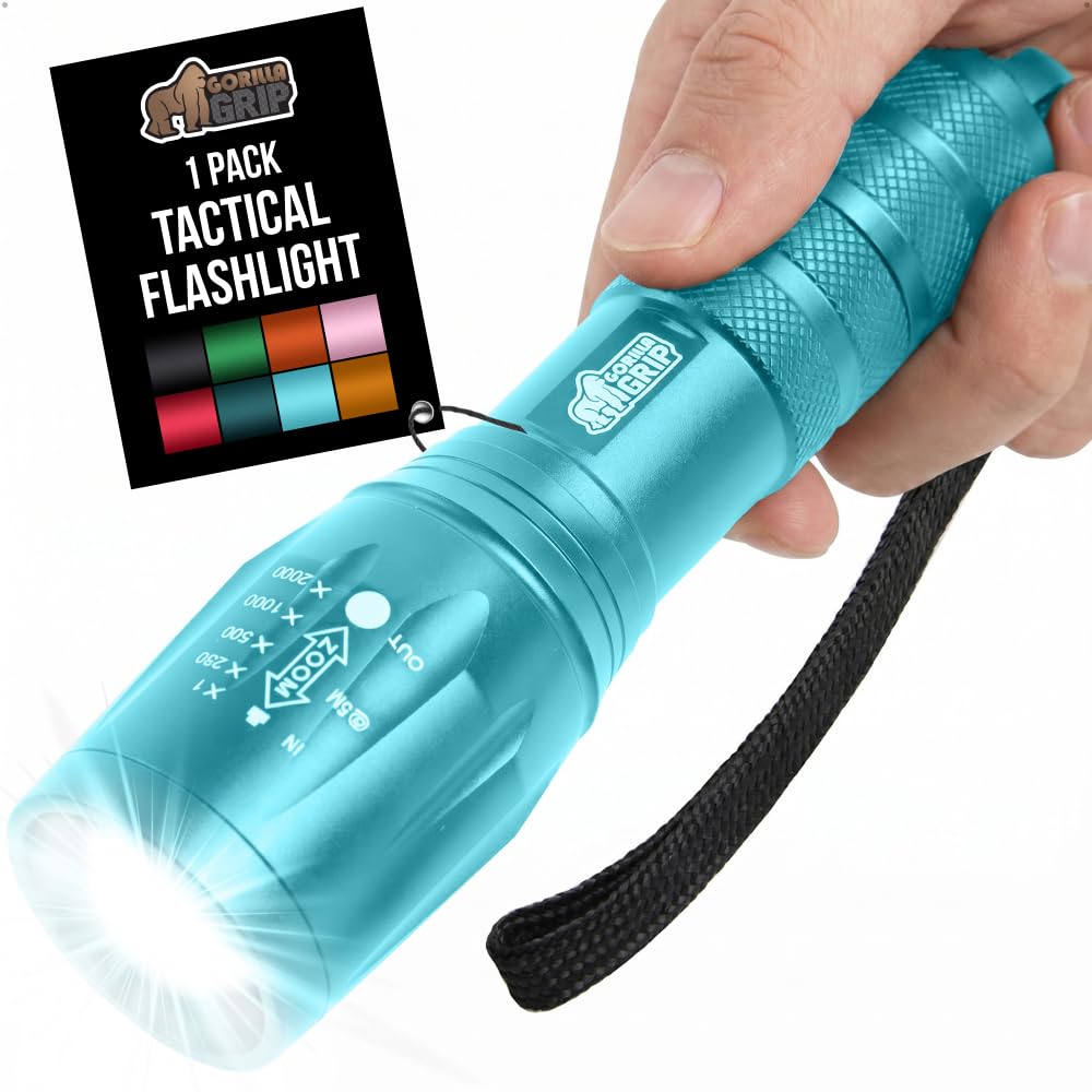 GORILLA GRIP Powerful LED Tactical Flashlight, Turquoise | Water Resistant 750 F