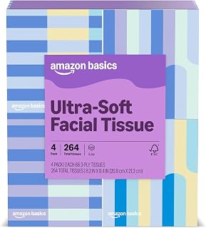 Amazon Basics Ultra-Soft 3-Ply Premium Facial Tissues, 264 Count (4 Cube Boxes of 66) (Previously Presto!)