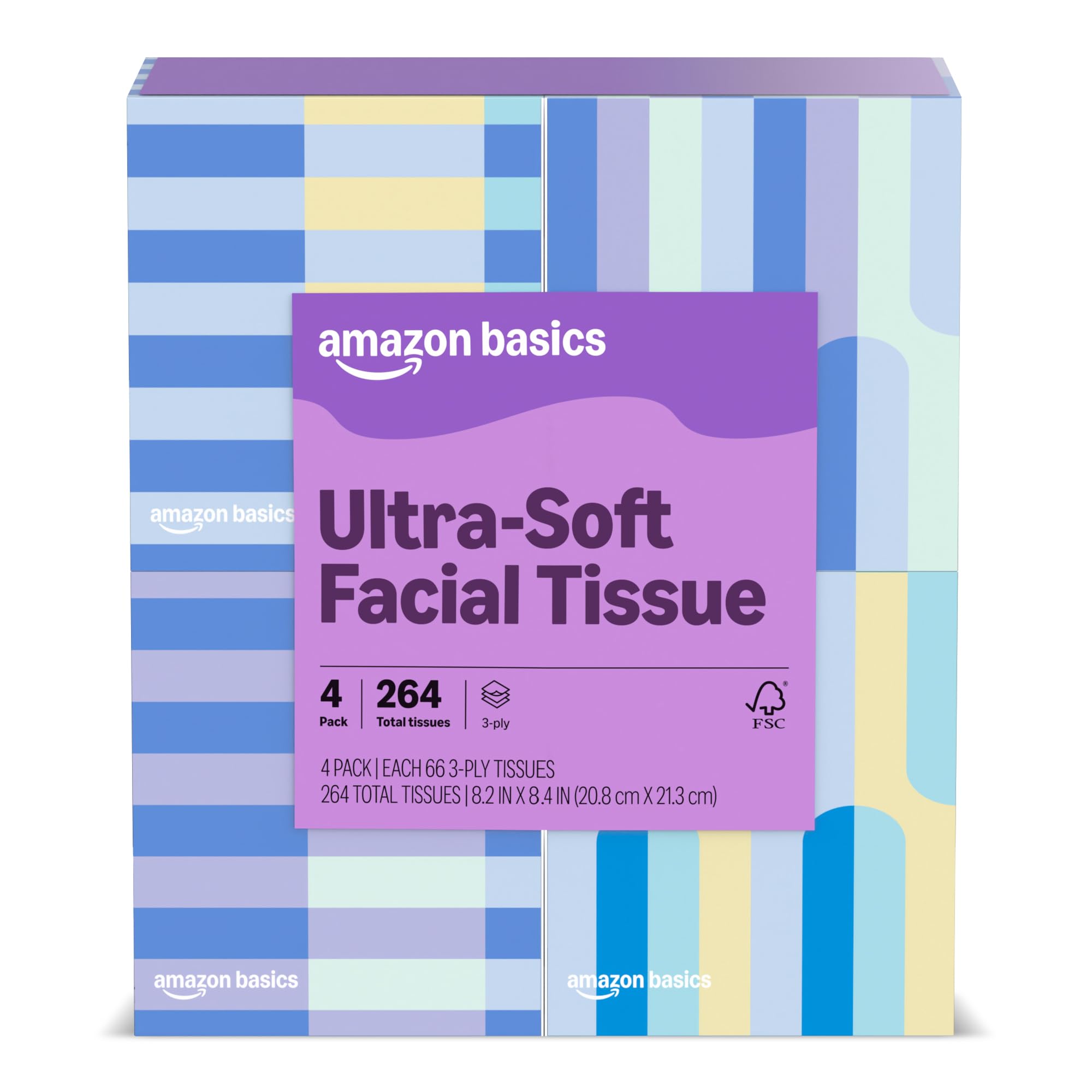 Amazon Basics Ultra-Soft 3-Ply Premium Facial Tissues, 264 Count (4 Cube Boxes o
