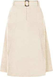 Allegra K Women's High Waist Elastic A-Line Belted Midi Corduroy Skirt