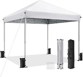 Vinabilia 10x10 Pop Up Canopy Tent with One-Push Center Lock,White | 3 Adjustable Heights, Carry Bag Included, Tents for Camping, Backyard, Beach, Parties and Outdoor Events
