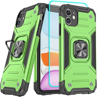 for iPhone 11 Case, iPhone 11 Phone Case with HD Screen Protector, HNHYGETE 360°Military Grade Rotatable Kickstand (Heavy Duty) Shockproof Protective Cases for iPhone 11 (Green)