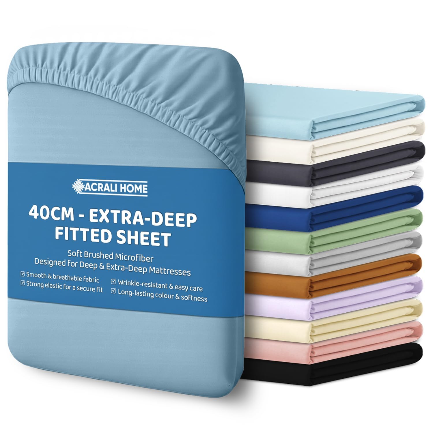 ACRALI HOME King Fitted Sheet - Sky Blue Bottom Sheet for King Bed with 40cm Ext