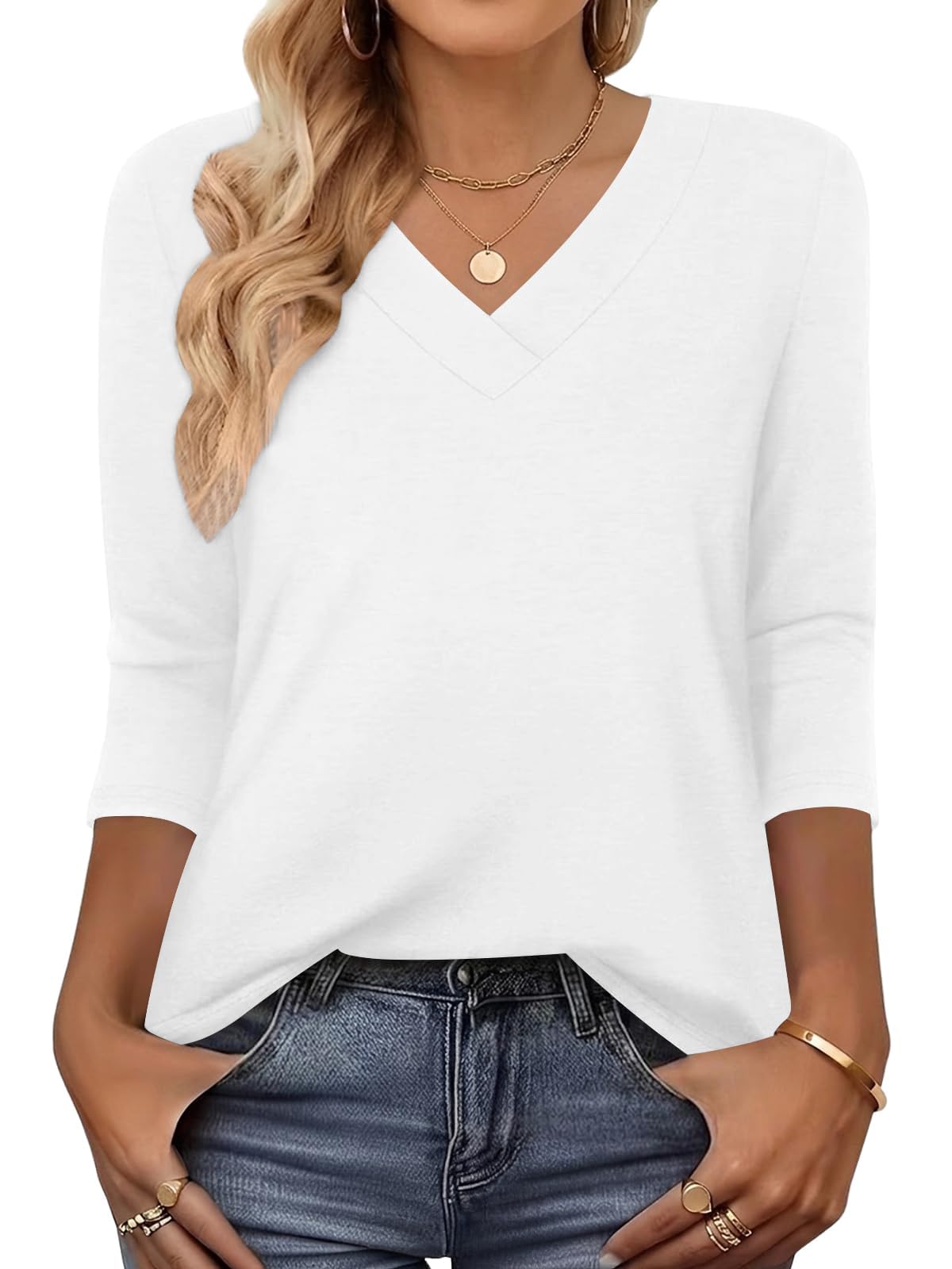 DUOEASE Women's T-Shirt 3/4 Sleeve V-Neck Basic Pullover Women Winter