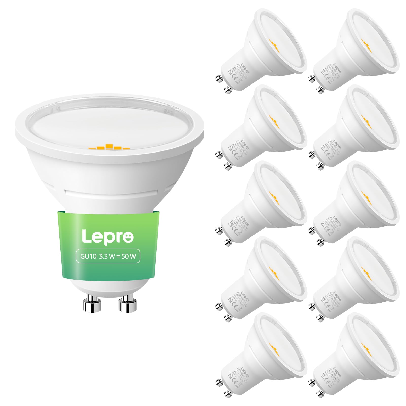 Lepro GU10 LED Bulbs A Rated, Warm White 2700K, 590LM,3.3W (50W Equivalent) | 10