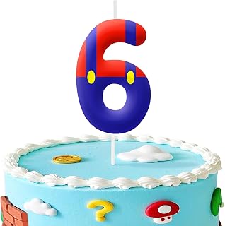6th Birthday Candles, Blue Red Cake Topper for Boys Girls, Number 6 Candle Cartoon Themed Birthday Decorations Party Supplies