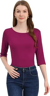 Allegra K Mujeres codo mangas cuello redondo Slim Fit Tee, -, X-Large