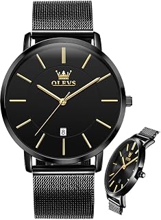 OLEVS Men Leather Watches Black Ultra Thin 6.5mm Minimalist Dress Fashion Simple Casual Waterproof Date Watch for Men
