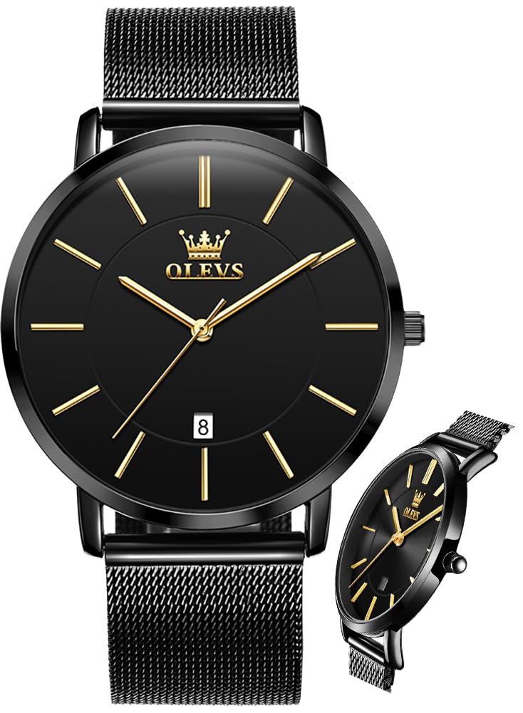 OLEVS Men Leather Watches Black Ultra Thin 6.5mm Minimalist Dress Fashion Simple