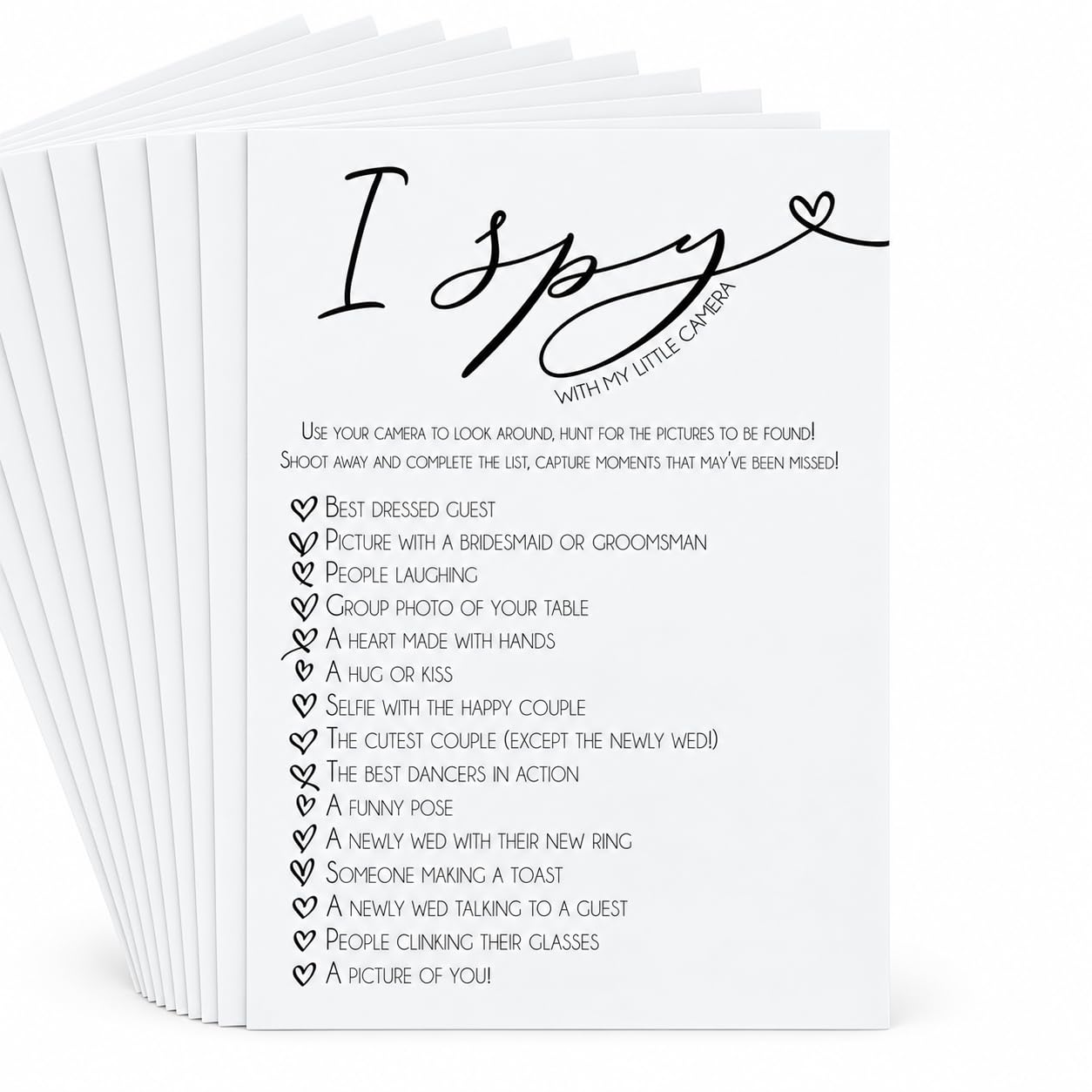 Wedding I Spy Camera Game – 10 A6 Photo Challenge Cards for Guests | 10 A6 photo