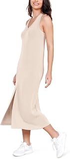 ODODOS Modal Soft Front Split Midi Dress for Women, V Neck Sleeveless Casual Summer Tank Dress