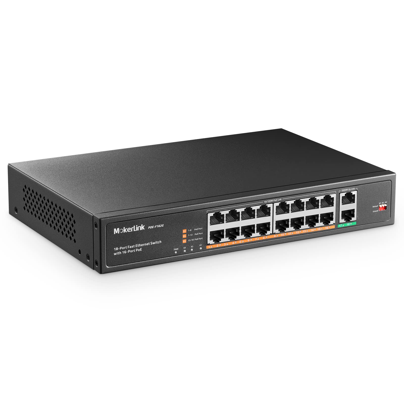 MokerLink 16 Port PoE Switch with 2 Gigabit Uplink Ethernet Port, 250W High Powe