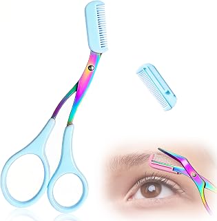 Eyebrow Trimmer Scissor, Stainless Steel Precision Cutter Hair Removal Makeup, 2-in-1 Professional Eyebrow Scissors with Comb,Tool for Women and Men (blue)