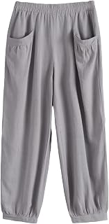 Minibee Women's Cotton Linen Tapered Cropped Pants Elastic Waist Trousers