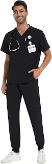 COZYFIT Men Scrubs Set - Stretch V-Neck Top & Jogger Pant with 9 Pockets | Yoga Waistband, Water Resistant Workwear, Easy Care, For Nurses, Clinics, Long Shifts, Daily Uniforms