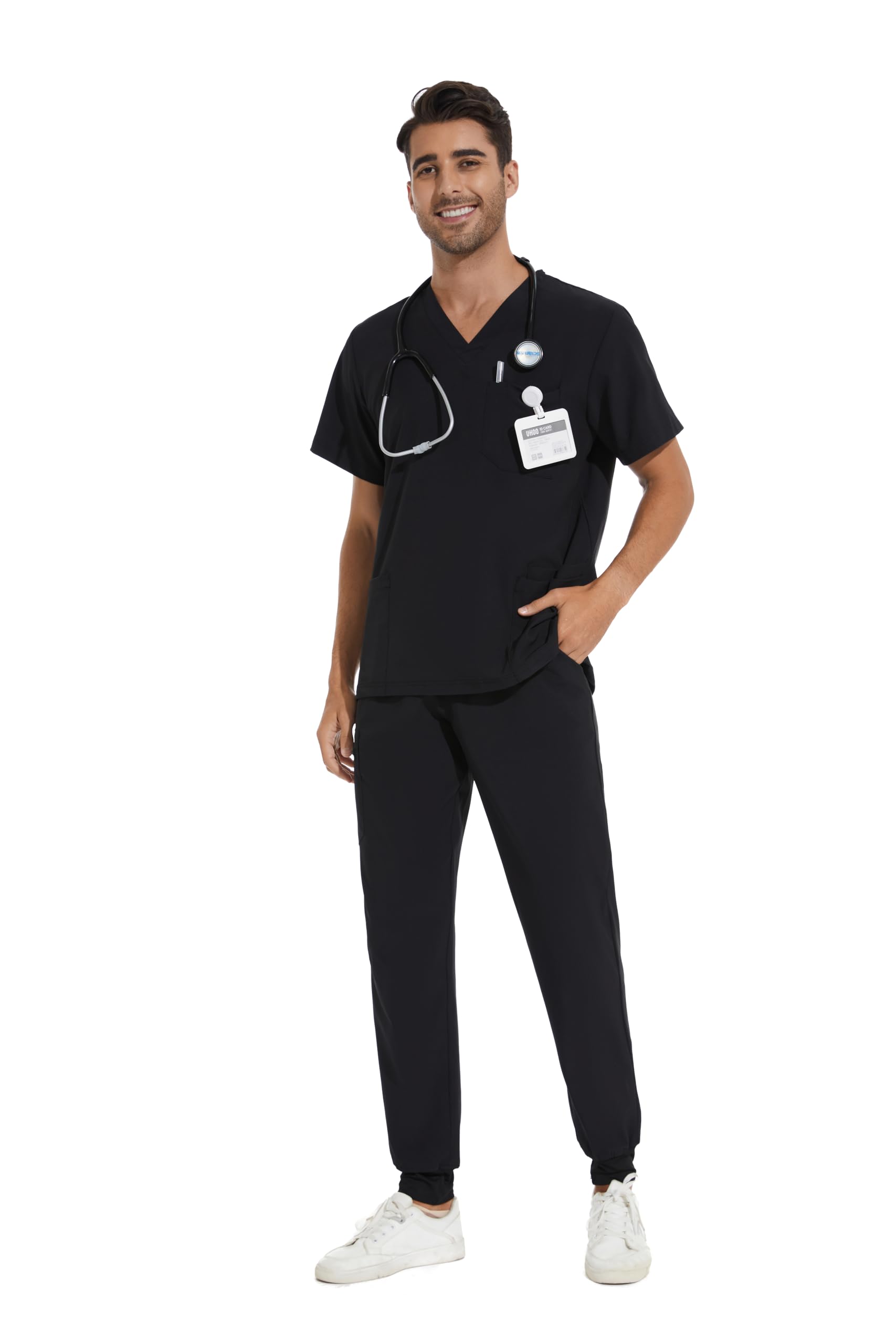 COZYFIT Men Scrubs Set - Stretch V-Neck Top & Jogger Pant with 9 Pockets | Yoga 