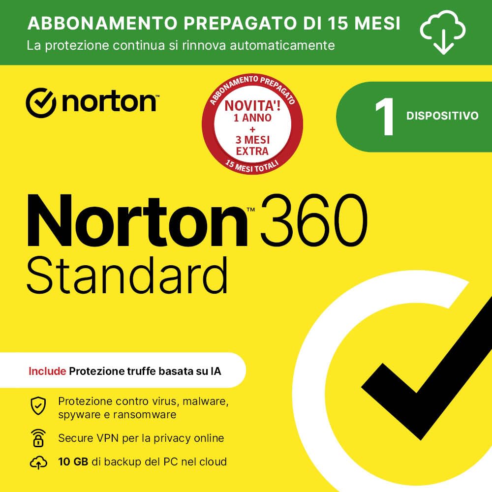 Norton 360 Standard 2026| Antivirus 1 dispositivo|15 mesi rinnovo automatico|Dig
