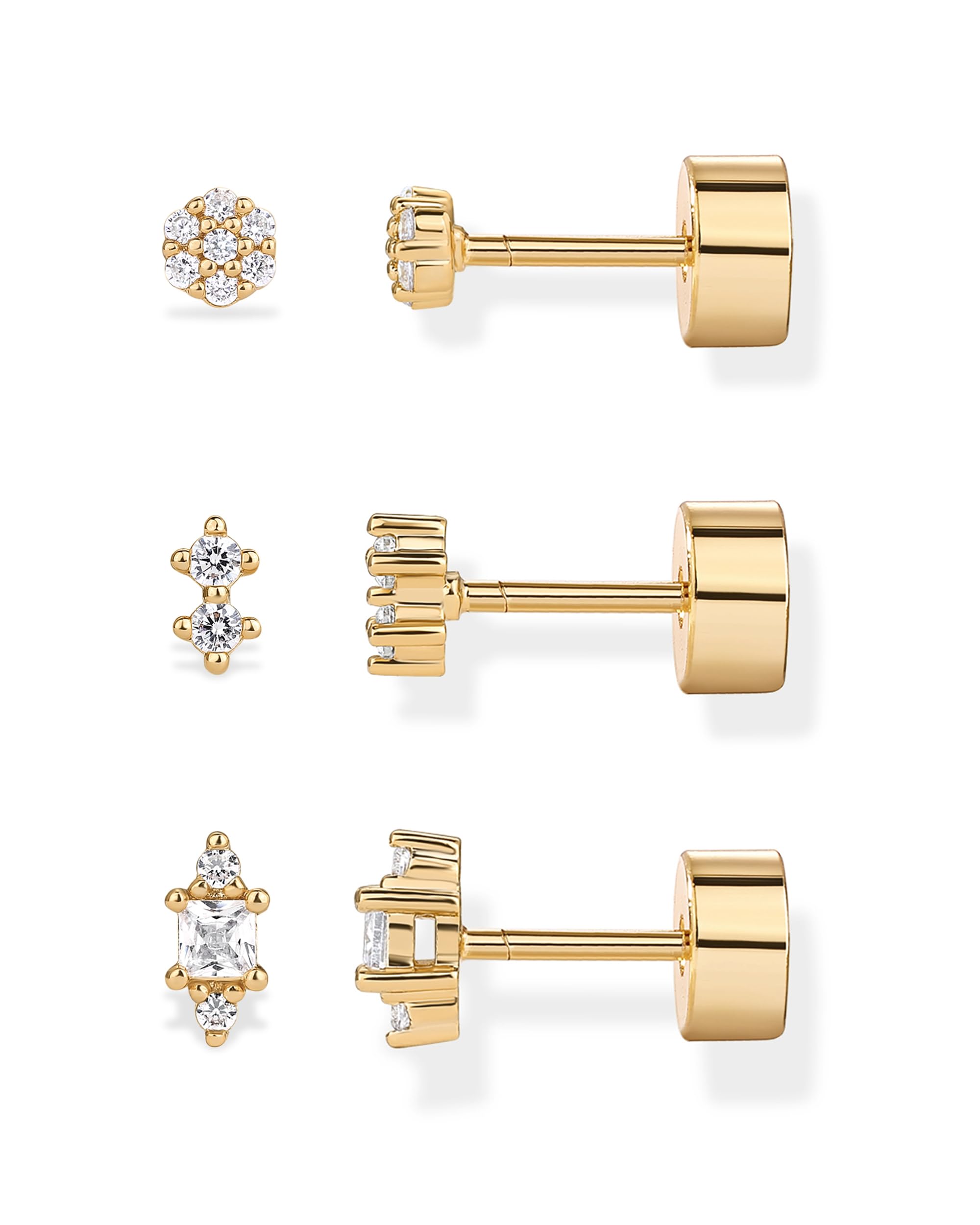 PAVOI Dainty Flat Back Earrings for Women, 14K Gold Plated CZ Stud Piercing