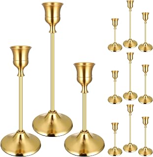 12PCS Brass Gold Taper Candle Holders Set, Vintage Candlestick Holders | Tall Table Centerpiece, Pillar & LED Candles, Wedding Reception, Festive Christmas Mantel Decoration
