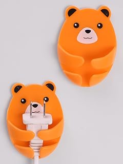 Wall Storage Hook Bear Plug Bracket, Power Plug Socket Holder Kitchen Cable Hook, Self-Adhesive, Orange, 8 Pcs