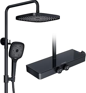 Rainsworth Shower System with Thermostat and Glass Shelf, Shower Set with Tap, Complete Set with One Button Control and Flow Control, Rain Shower 26 x 26 cm, 3 Types Hand Shower