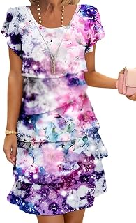 Onsoyours Women Summer Chiffon Dress Round Neck Elegant Evening Dresses Flowers Print Short Sleeve Ruffles Lightweight And Breathable Mini Dress Casual Cocktail