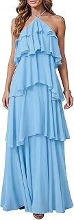 SOLY HUX Women's Sun Dresses Ruffle Layered Halterneck Flowy Maxi Dress Elegant Wedding Guest Dresses