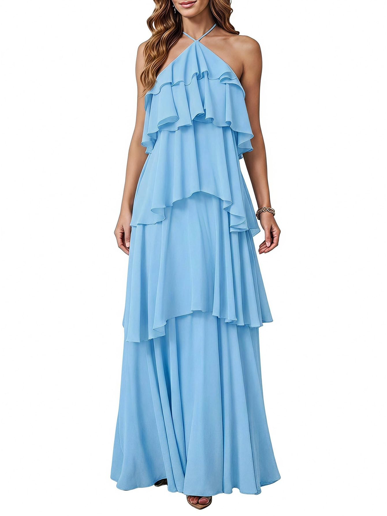 SOLY HUX Women's Sun Dresses Ruffle Layered Halterneck Flowy Maxi Dress Elegant 