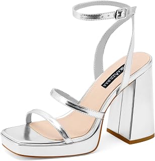MIRAAZZURRA Platform Strappy Heel Sandals Square Open Toe Two Strap Chunky High Heeled Sandals with Buckle Ankle Strap for Women Party Wedding Dress