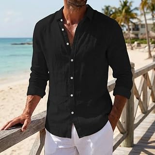 Mens Casual Long Sleeve Cotton Linen Button Down Shirts Summer Beach Shirts