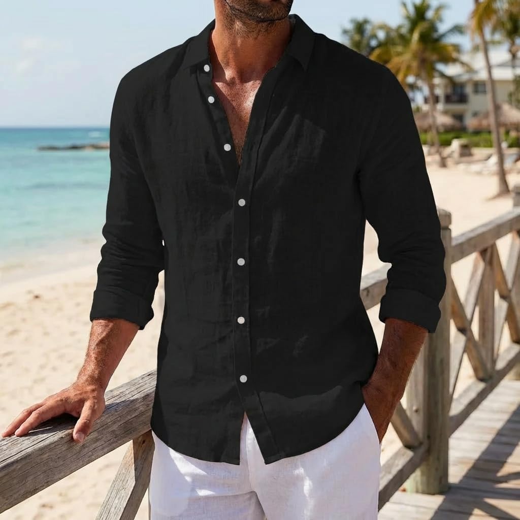 Mens Casual Long Sleeve Cotton Linen Button Down Shirts Summer Beach Shirts