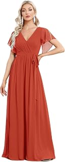 Ever-Pretty Maxi V-neck Ruched Bust Chiffon Formal Evening Dress with Sleeves 0164A