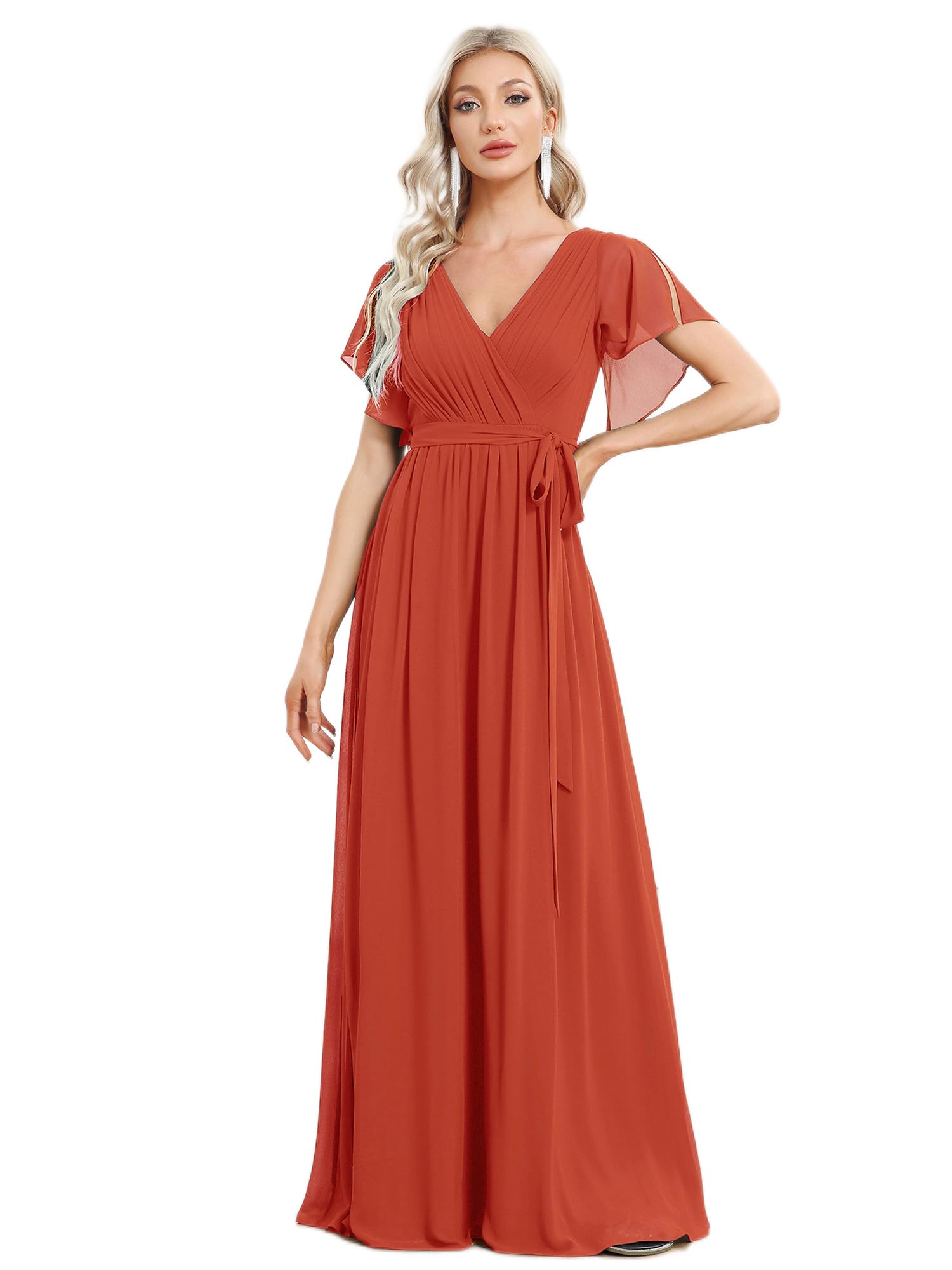 Ever-Pretty Maxi V-neck Ruched Bust Chiffon Formal Evening Dress with Sleeves 01