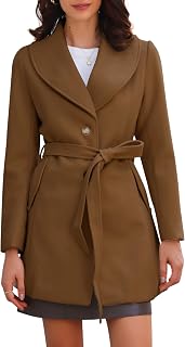 Allegra K Ladies Single Breasted Belted Midi Winter Coat Beige