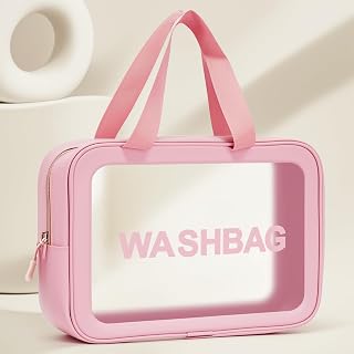 Women Travel Toiletry Bag Transparent PU Leather Large Capacity Waterproof Storage Bag Pink Fashion