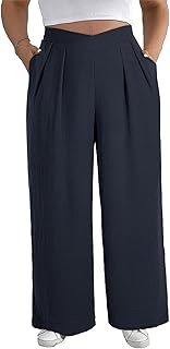Women Wide Leg Cross Waist Pleated Front Casual Work Trousers with Pockets (1X-5X)