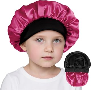 Kids Bonnets for Girls Silk Bonnet for Kids Double Layer Satin Bonnet Adjustable Toddler Sleep Cap（Black and Wine）