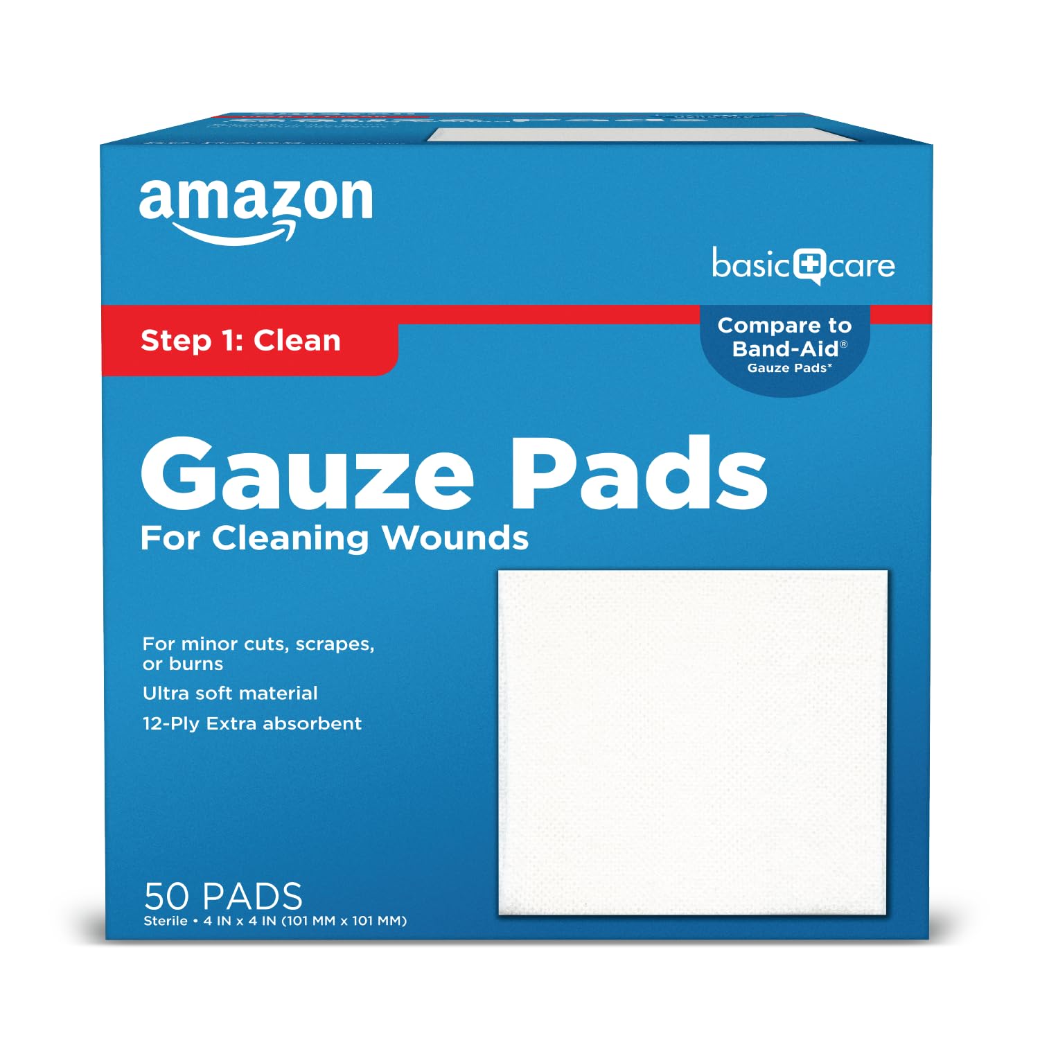 Amazon Basic Care Gauze Pads, 4x4" Sterile Medical Wound Dressing Sponges, 12-Pl