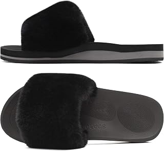 COFACE Womens Slides Fuzzy Slippers Open Toe Fluff Slippers With Arch Support Plantar Fasciitis Orthotic Slippers Women House Shoes