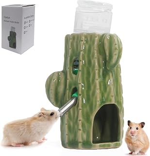 Zhilishu Adjustable No Drip Ceramic Hamster Water Bottle for Glass Tank | Green Cactus 2-In-1 80ML Free Standing Water Dispenser with Stable Hamster Hideout , Great for Dwarf Hamster, Mice, Rat