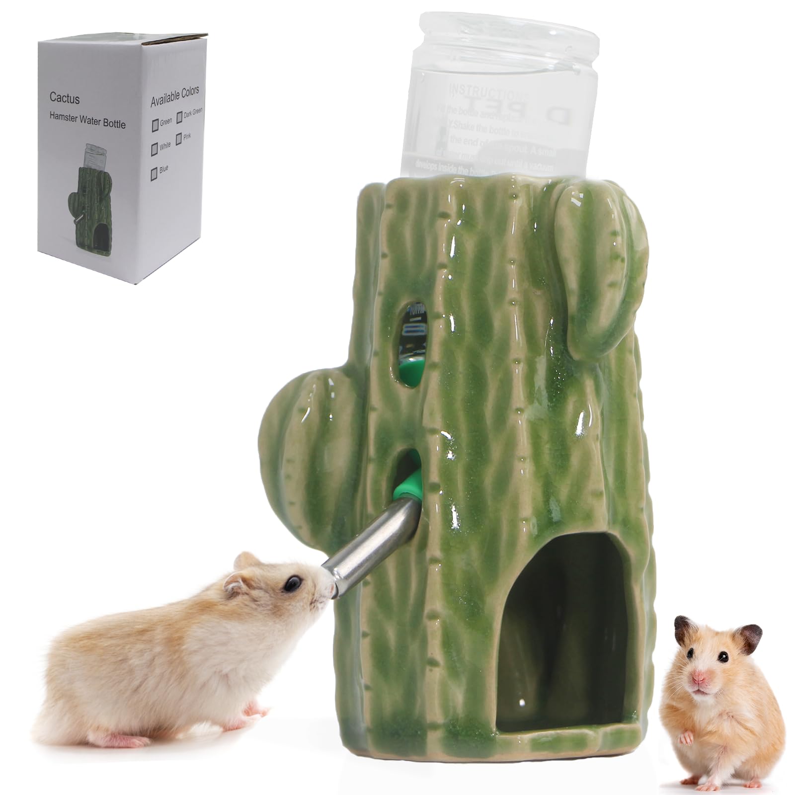 Zhilishu Adjustable No Drip Ceramic Hamster Water Bottle for Glass Tank | Green 