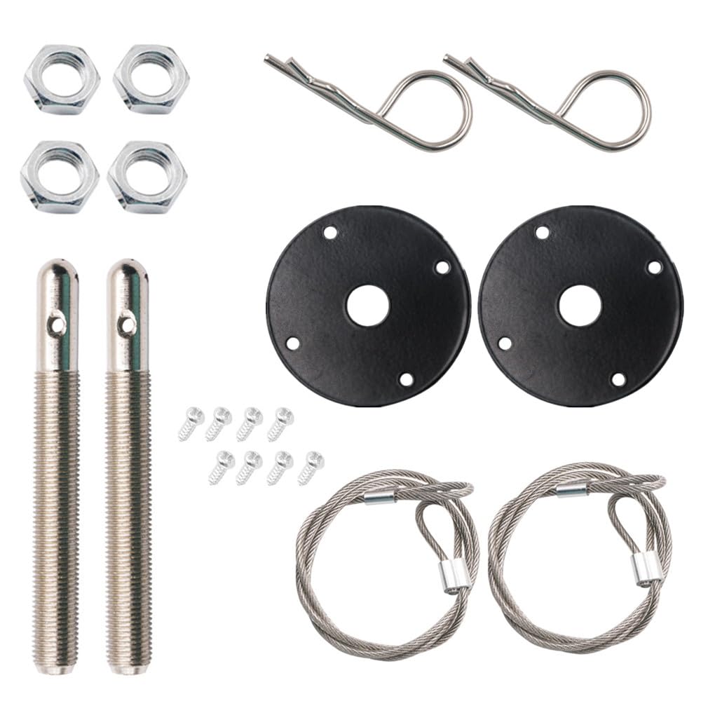 Hood Pins Kit for Car, Stainless Steel, Engine Hood Pin Plate, Black | Bonnet Lo