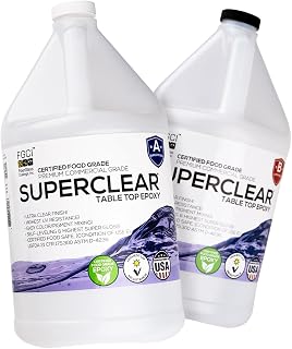 Superclear Table Top Epoxy Resin 2 Gallon Kit, Crystal Clear 1:1 Coating | Self-leveling coating for bar tops, countertops, tumblers & wood. Anti-yellowing, UV resistant, food-safe, Made in USA