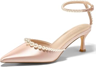 Coutgo Zapatos de tacón de gatito con perlas para mujer, punta cerrada, para boda, novia, correa al tobillo, zapatos de satén