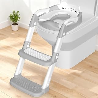 Potty Training Toilet Seat Toddler Toilet Seat with Step Kids Toilets Steps for Toddlers Child Baby Boy Girl Anti Splash Soft Cushion Handle Adjustable Potty Training with Ladder in Bathroom, Grey