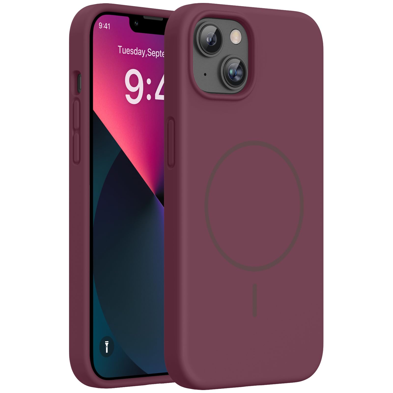Miracase Magnetic for iPhone 13 Case, Liquid Silicone Case,Wine Red